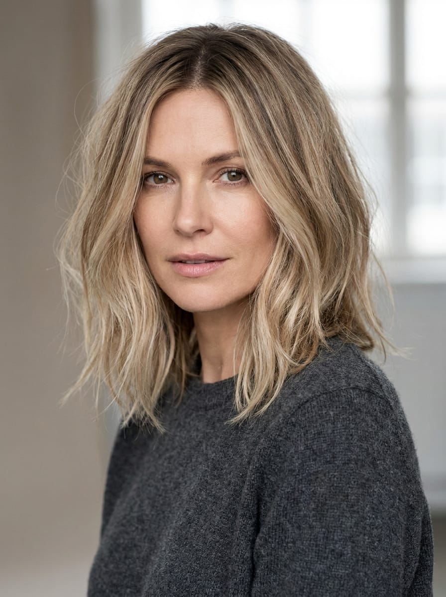Beigeblonder Balayage Long Bob - Balayage Bob